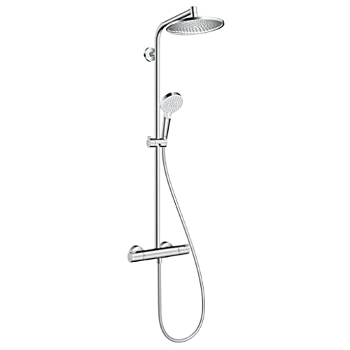 hansgrohe Crometta S Sistema de chuveiro de poupança de água (EcoSmart) com termostato, chuveiro de chuva (240 mm) com torneira, chuveiro de mão (2 tipos de jato), flexo, bar, chuveiro fixo redondo,
