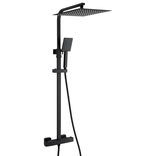 Auralum Coluna duche preta com pulverizador chuveiro quadrado 30 x 30 cm de aço inoxidável e torneira de chuveiro termostático de latão, coluna de altura ajustável entre 80 - 124 cm