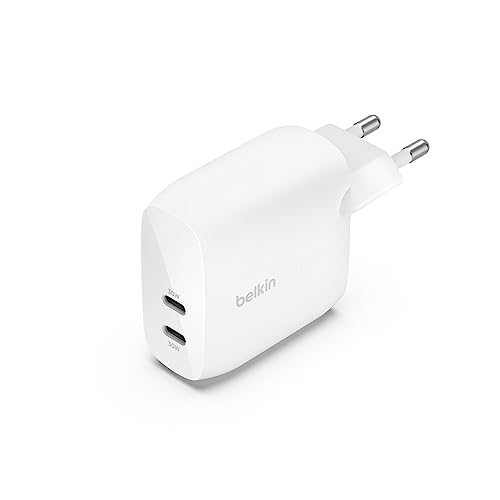 Belkin BoostCharge carregador de parede duplo USB-C com PPS de 60 W, carregador USB para iPhone 16, 15 e iPad, Samsung Galaxy e Google Pixel, compatível com cabos USB-C para Lightning e cabos USB-C a