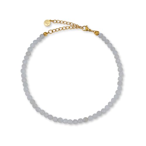 GD GOOD.designs Tornozeleiras femininas com contas de jade autêntico 4 mm - impermeável - tornozeleira de pedra natural colorida com fecho ajustável em ouro de 18 K