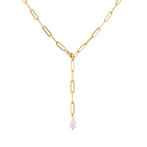 GD GOOD.designs Corrente de ouro ou prata com pérola de água doce para senhoras - corrente de elos com pérola em forma de Y colar longo com pendente de pérola de água doce - corrente de âncora