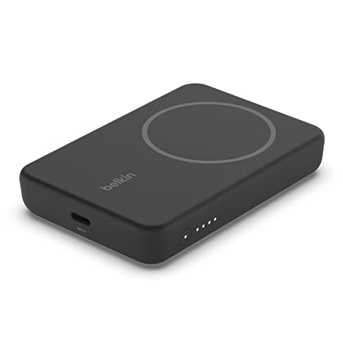 Belkin bateria externa magnética de 5000 mAh, carregador portátil compatível com MagSafe, pass-through, power bank com saída de 7,5 W e entrada de 10 W, suporte removível, iPhone série 16, 15, 14, 13
