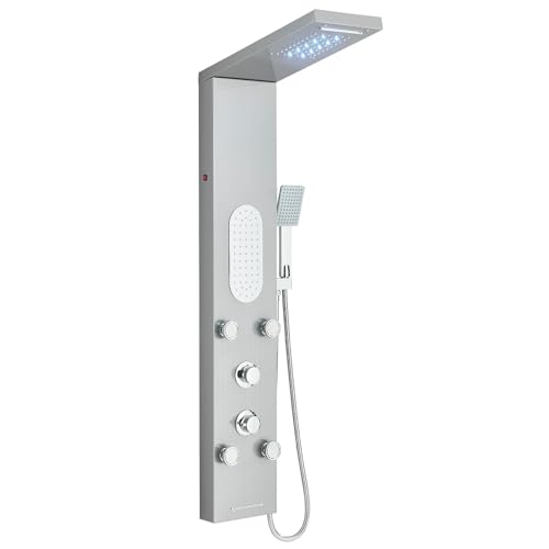 LLFFSSDG Sistema de torre de painel de chuveiro LED com cabeça de chuva 6 funções 4 jatos corporais, chuveiro de mão e de banheira - aço inoxidável Brushed Nickel