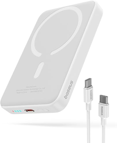 Baseus Magsafe Power Bank, bateria externa magnética 10000 mAh sem fios para iPhone 15/14/13/12 séries, PD 20W USB-C Mini Powerbank carregamento rápido, branco