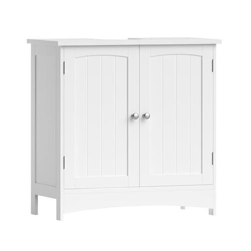 VASAGLE Armário de lavatório, armário debaixo do lavatório, armário de casa de banho, com 2 portas, prateleira ajustável, amplo espaço de armazenamento, estilo moderno, 30 x 60 x 60 cm, branco BBC01WT