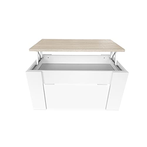 mattfy - Mesa de centro para café/chá, elevável, mesa de sala de estar ou sala de jantar, cor branca com tampa cambria, medidas: 90 cm (largura) x 50 cm (fundo) x 46/57 cm (altura)