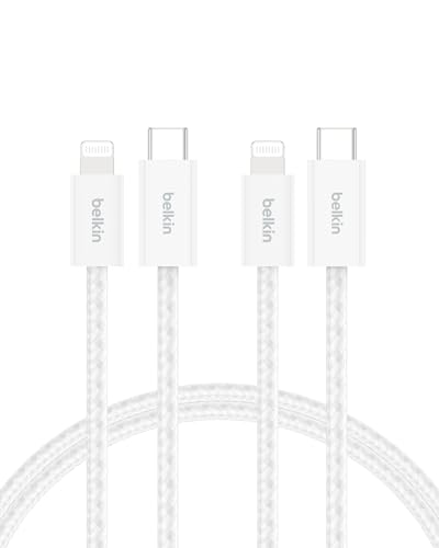 Belkin Pacote de 2 cabos trançados USB-C com conector Lightning de 1,5 m, carregamento rápido, cabos de alimentação macios e flexíveis, iPhone 14 e anteriores, iPad de 9.ª geração e AirPods, branco