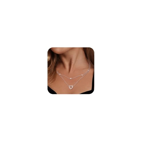 ALEXCRAFT Colar mulher prata de lei 925 com colar coração, colares compridos mulher camadas empilháveis 2 em 1 banhado a ouro 14 K ajustável com correntes colar coração jóias presente