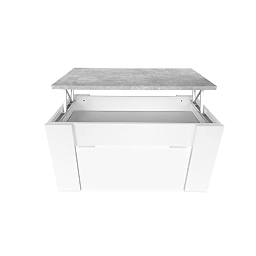 mattfy - Mesa de centro para café/chá, elevável, mesa de sala de estar ou sala de jantar, cor branca com tampa cinzenta cimento, medidas: 90 cm (largura) x 50 cm (fundo) x 46/57 cm (altura)