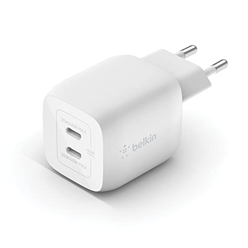 Belkin Carregador de parede duplo USB tipo C de 45 W, carregamento rápido 3.0 com tecnologia GaN, carregador USB para iPhone 16, 15, 14, 13, iPad Pro, Air, MacBook, Samsung Galaxy S24, S23, Google