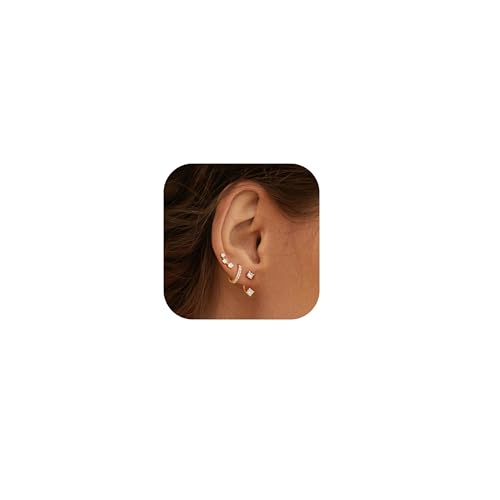 Brincos de poste de prata de lei 14 K banhado a ouro para mulheres | conjunto de aros, brincos de botão e Huggie para várias perfurações (conjunto de 3 pares)