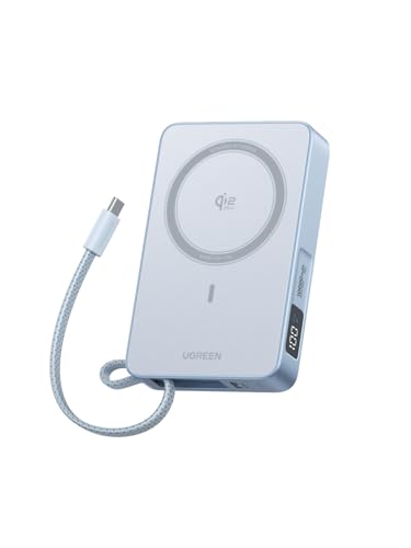 UGREEN Magflow Qi2 25W Power Bank 10000 mAh com indução magnética e carregamento rápido, banco de energia com cabo USB-C integrado de 30 W, compatível com Magsafe iPhone 17 Pro MAX Air, 16, 15, 14, 13