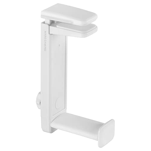 Mars Gaming MHH2, suporte para auriculares com pinça dupla, instalação baixa ou sobre mesa, rotação de 360º, tamanho ajustável, fixação firme e almofadas protetoras, branco