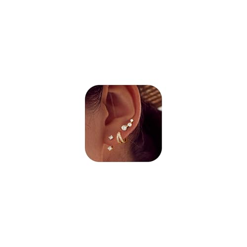 Brincos de poste de prata de lei 14 K banhado a ouro para mulheres | conjunto de aros, brincos de botão e Huggie para várias perfurações (conjunto de 3 pares)