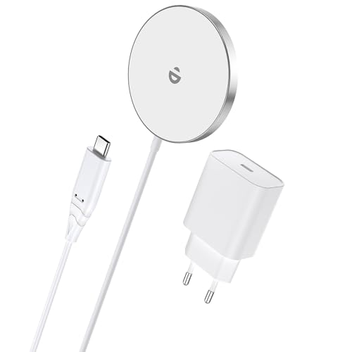Carregador de indução rápido compatível com MagSafe com adaptador de corrente 20 W tipo USB-C, carregador magnético sem fios para iPhone 12/13/14/15 Series e AirPods