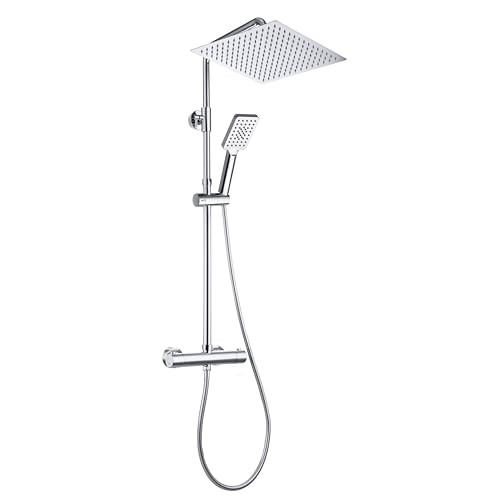 Görbach Coluna duche com torneira térmica Set chuveiro aço INOX 304 com misturador térmico, sistema chuveiro com chuveiro de mão e Rund chuva cromado 30 * 30 cm