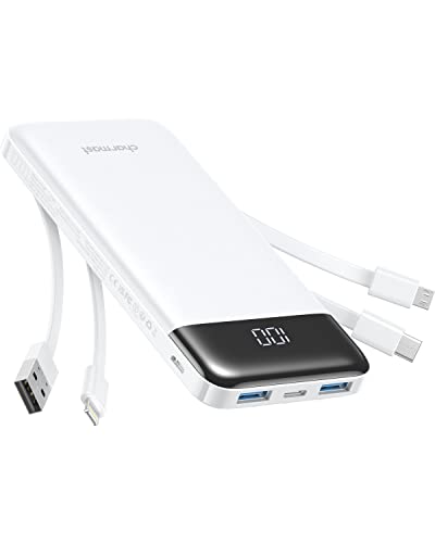Charmast Power Bank 10000 mAh com cabos integrados, USB C carregador portátil 5 V / 3A Powerbank ecrã LED com 6 saídas e 3 entradas para iPhone Samsung Huawei Xiaomi