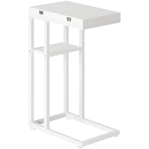 HOOBRO Mesa auxiliar de sofá em forma de C dobrável, mesa pequena de centro de estilo industrial, mesa de café com prateleira de armazenamento, branco EWW29SF01