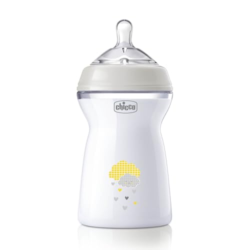 Chicco NaturalFeeling Biberão anticólicas 6 meses, 330 ml, com cetina de silicone macia e válvula dupla anticólica, fluxo rápido, alimentação natural e amamentação mista, bege