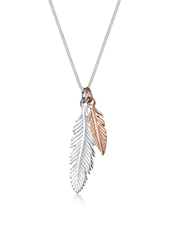 Elli Halskette Damen Feder Anhänger Boho Look Trend Bi-Color in 925 Sterling Silber
