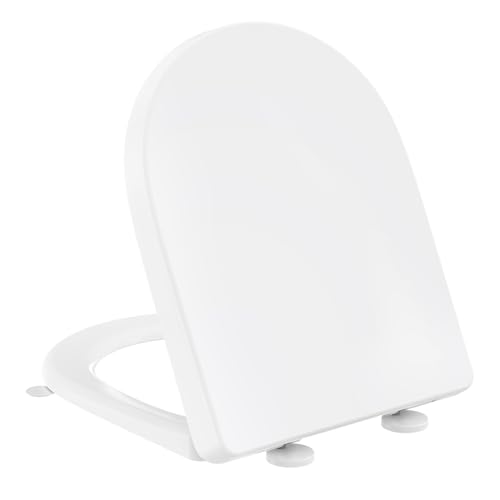 Tampa WC universal forma de D [longo], YEAUPE PRO assento sanitário de fecho macio com libertação rápida para uma limpeza fácil, branco, 45 x 36,1 x 5 cm, inclui modelo de instalação