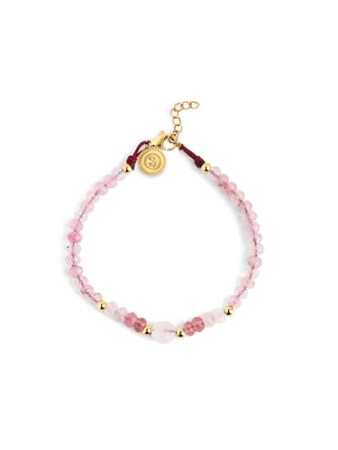 SINGULARU - Pulseira Amulet Rose Quartz. Aço banhado a ouro 18 kg e pedras naturais. Joias para mulher