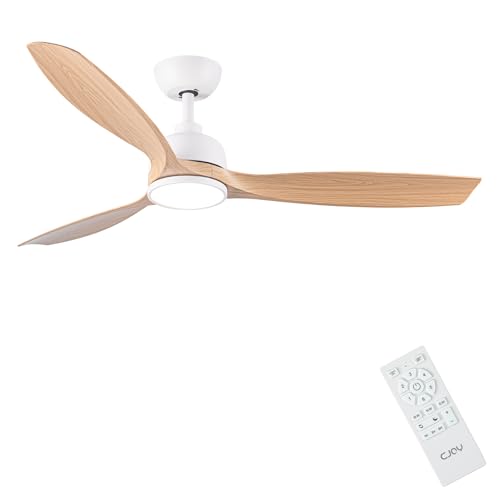 CJOY Ventoinha de teto com luz, 132 cm, ventilador de teto com controlo remoto, branco de madeira, 3 pás, 6 velocidades, memória 3 CCT, regulável, silenciador reversível CC, modo de dormir para quarto