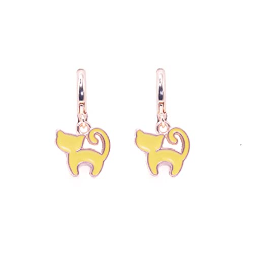 ZARZAMORA Pendientes Niña- Gato Chapados en Aro de Oro de 14 quilates-Aretes Colgantes Diseño Gatito Esmaltados Divertidos en varios colores- Regalo original Amarillo)