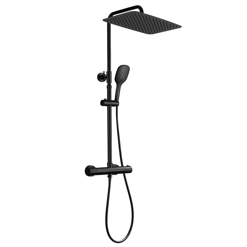 JOHO Coluna de duche preta com torneira térmica em aço inoxidável 304 barra duche regulável em altura coluna de hidromassagem chuveiro e chuveiro quadrado chuva 35 * 25 cm