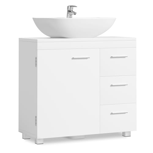 VASAGLE Móveis de lavatório baixo, armário de casa de banho, 3 gavetas, 2 compartimentos atrás da porta, adequado para lavatórios com pedestal, com pés, 30 x 70 x 64 cm, branca nuvem BBK504W01