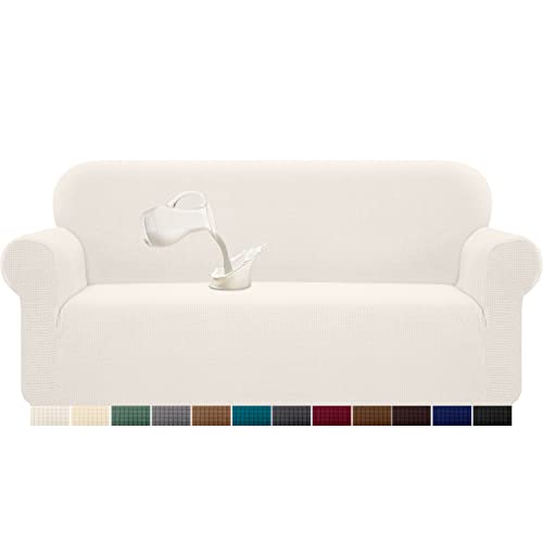 Granbest Capa de sofá elástica, impermeável, 1 unidade, de elastano, jacquard, elástica, com espuma antiderrapante (3 lugares, creme)