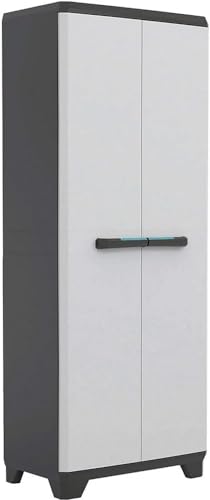 Keter Guarda-roupa linear esconderijo, armário vassoura de armazenamento| resina, 2 portas e 3 azulejos, cor preta, cinzenta, puxadores em azul | 68 x 39 x 173 cm