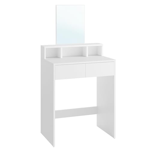 VASAGLE Visor com espelho grande, toucador, 2 gavetas, 3 compartimentos abertos, toucador, moderno, branco RDT103W01