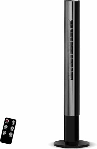 Vidacharmy Ventoinha de torre de 110 cm de altura, para grandes espaços, ultra silencioso, 26 dB, turbo 7,8 m/s, 4 modos, oscilação 85°, temporizador de 12H, controlo remoto e ecrã LED, preto elegante