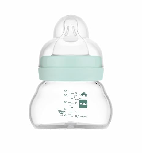 MAM Biberão de vidro, recém-nascido, 0 meses, 90 ml, com Tetina 0 de fluxo extra lento de silicone de fácil aceitação, fácil de limpar, MAM Feel Good, azul, pack de 1 unidade