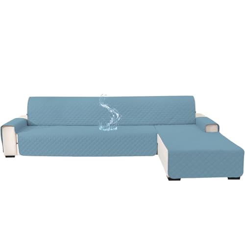 YSTELLAA 100 % capas impermeáveis para sofá Chaise Longue 3 lugares (L 255 cm), cobertura sofás Chaise longo esquerdo/direito reversível, protetor sofá Chaise longo gato cão, azul claro