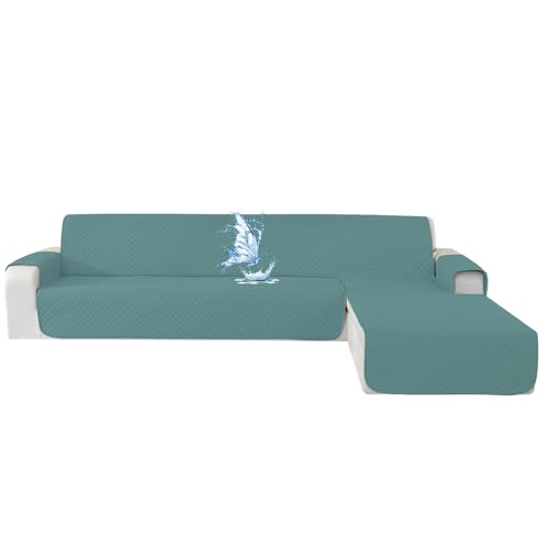 CYCMACO Capa sofá Chaise Long 2 lugares impermeável, capas sofá L Chaise longo esquerdo/direito reversível, antiderrapante, ajustável, anti-gatos, azul claro