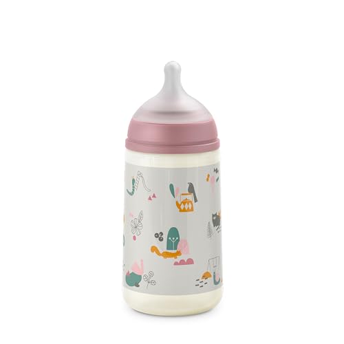Suavinex, Biberão de 270 ml. Biberão de silicone SX Pro com cetina física, com válvula anticólica. Biberão com cetina de fluxo médio (M). Para bebés + 3 meses. Walk rosa
