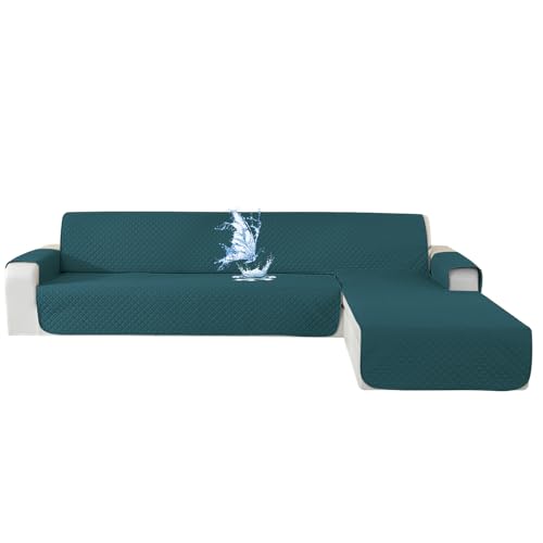CYCMACO Capa sofá Chaise Long 3 lugares impermeável, capas sofá L Chaise longo esquerdo/direito reversível, antiderrapante, ajustável, anti-gatos, verde escuro
