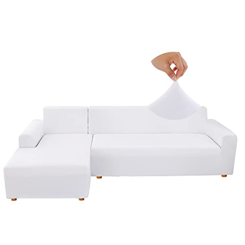 Jaotto Capas elásticas para sofás Chaise Longue, capas de sofá Cheslong braço longo direito ajustáveis de forma L removíveis laváveis, capas protetoras para sofá (1 lugar + 2 lugares, branco)