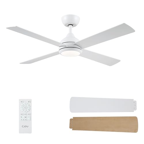 CJOY Ventoinha de teto com luz de 122 cm, ventilador de teto com luz silenciosa e controlo branco/madeira, 4 pás, reversível CC, 6 velocidades, 3 CCT regulável, temporizador, para quarto / casa