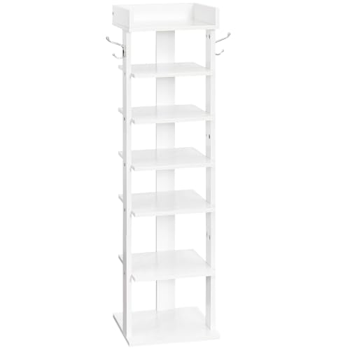 HOOBRO Sapateira, prateleira de sapato estreito, móvel de sapato de 7 níveis, sapato vertical com 2 ganchos, economia de espaço, para entrada, sala de estar, quarto, branco EWT61XJ01