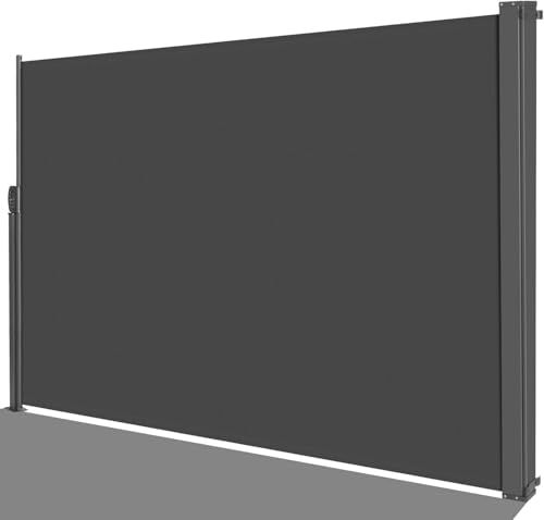 Toldo lateral 180 x 400 cm (H x L), toldo lateral extensível, toldo retrátil lateral exterior, ecrã de rolo protege a privacidade, proteção solar, impermeável, revestido PU, para terraço, cinzento