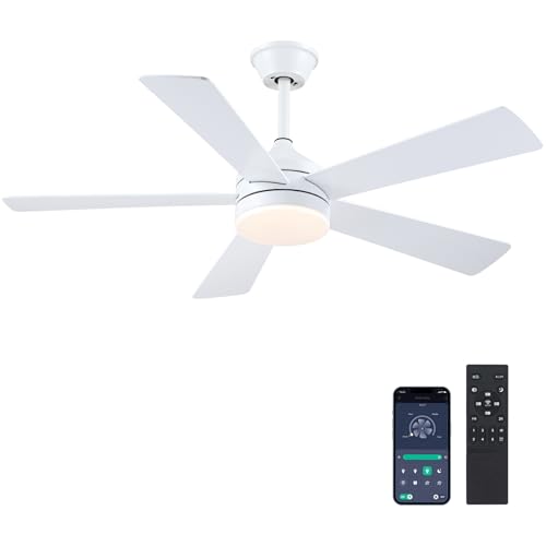 Shanggu Ventoinha de teto branca de 116 cm com luzes com comando remoto/APP, ventilador de teto de perfil baixo para interior, 6 velocidades com 5 pás, candeeiro de teto moderno para quarto