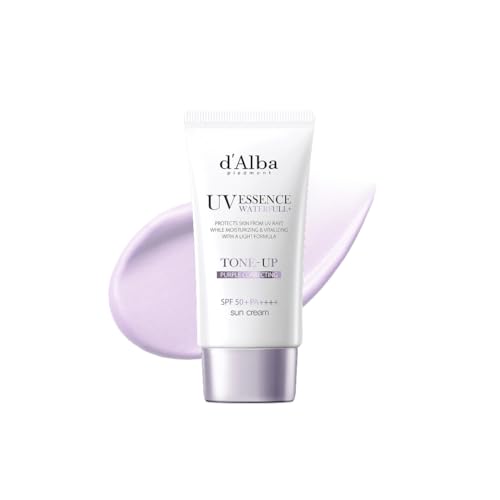 d'alba Loção solar tonificante Waterfull violeta SPF50+PA++++ de trufa branca italiana, creme solar tingido com filtros UV veganos, loção solar brilhante e iluminadora, Skincare coreano