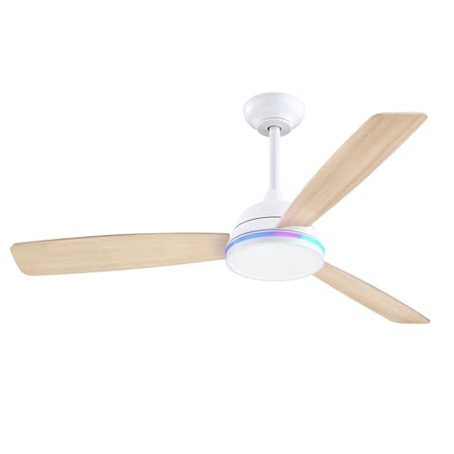 activeallbrite Ventoinha de teto com controlo remoto, motor DC, 6 velocidades, ultra silencioso, função verão e inverno, temporizador, 3 pás de diâmetro de 132, clara madeira