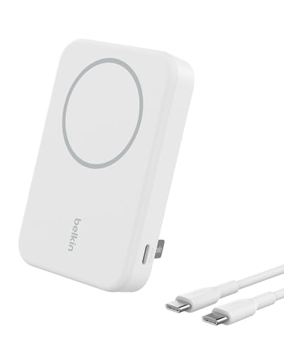Belkin BoostCharge Pro bateria externa sem fios de 8000 mAh com Qi2, carregador portátil compatível com MagSafe suporte cavalete, iPhone 16, 16 Plus, 16 Pro, 16 Pro Max, iPhone 15 e outros, branco