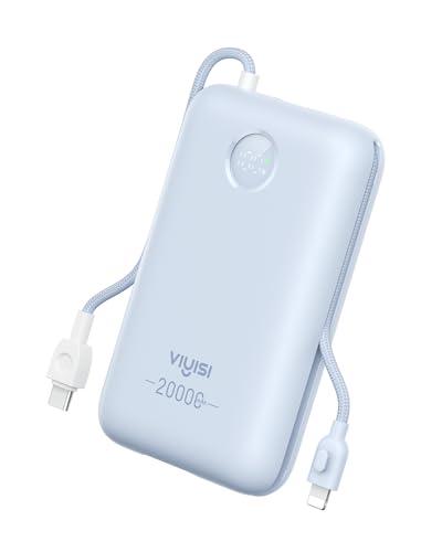 VIYISI Power Bank 30 W Carregamento ultra rápido de 20000 mAh, bateria externa USB C com cabo integrado, bateria portátil compacta, compatível com iPhone 15 14 13 11 Samsung S24 S23 S22 Fold 5-azul