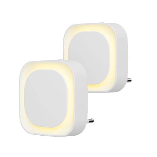 YUNLEX Luz noturna com tomada 2 peças LED luz noturna infantil com sensor repuscular, brilho de nível 3, muito adequado para quartos de crianças, escada, quarto, cozinha, casa de banho, branco quente