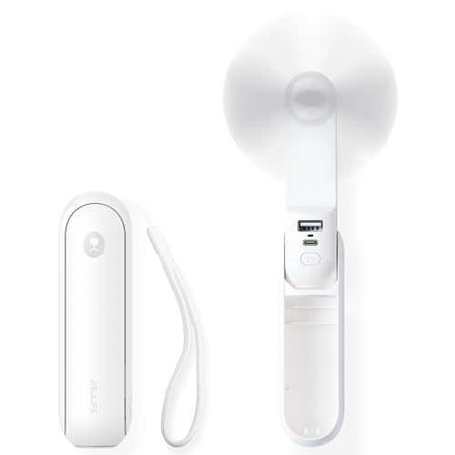 JISULIFE Mini ventilador de mão portátil com baterias recarregáveis por USB [14 - 21 horas] dobrável e silencioso com bateria externa, lanterna - branco